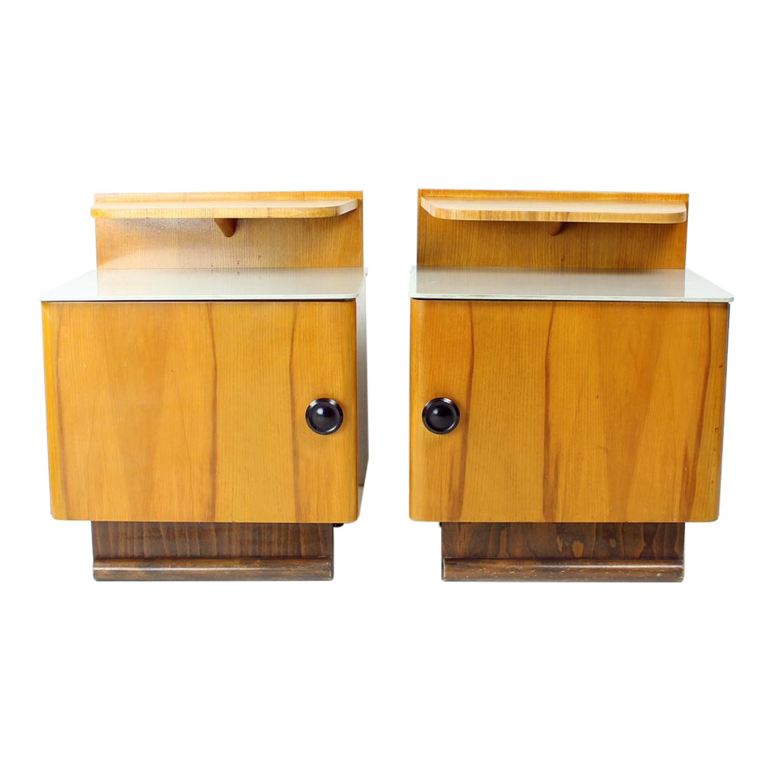 Set Of Two Bedside Tables In Wood & Glass, Czechoslovakia 1950s For Sale