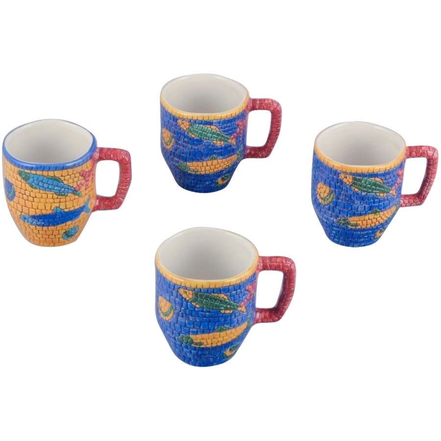 Vietri, Italy. Set of four large ceramic mugs with fish and sea motifs For Sale