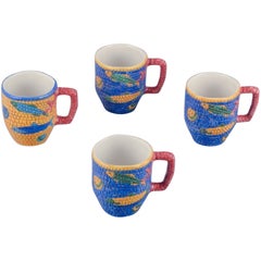 Vintage Vietri, Italy. Set of four large ceramic mugs with fish and sea motifs
