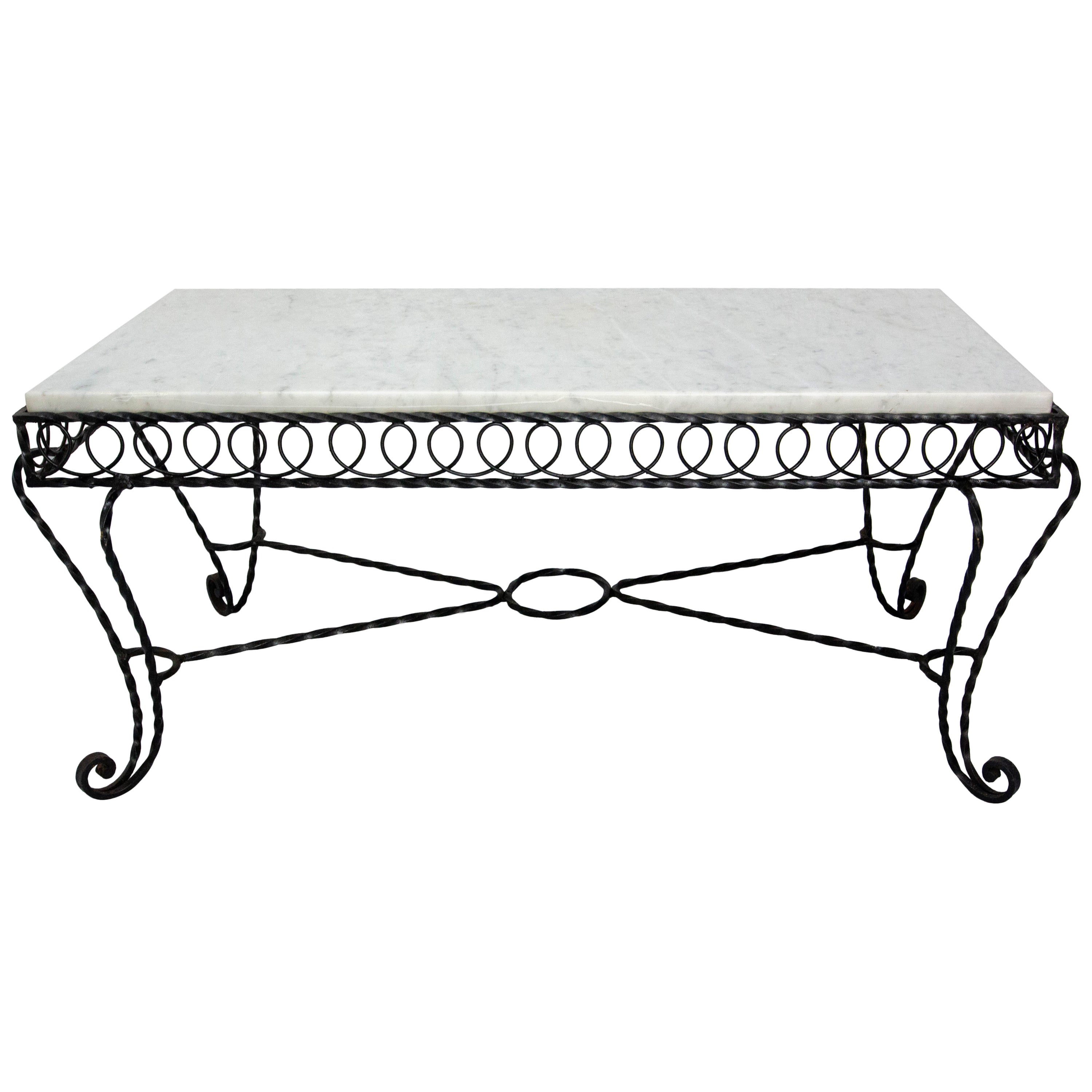 French Marble Top & Wrought Iron Coffee Table, circa 1960 For Sale