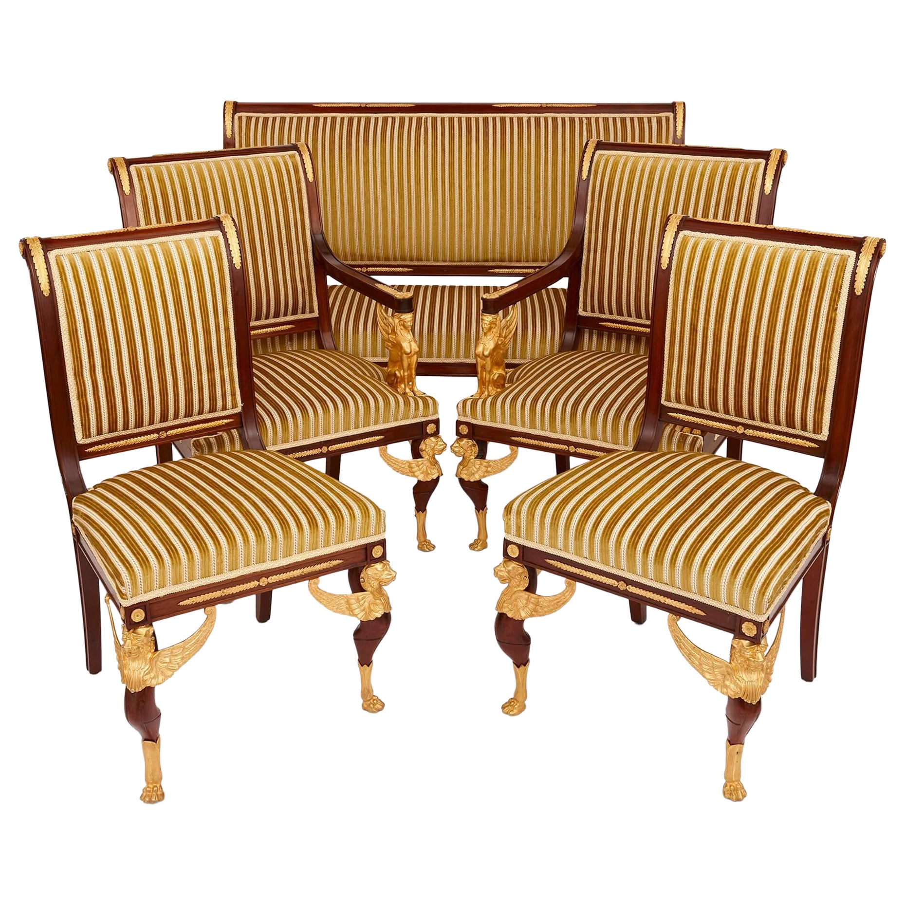 French Empire Style Gilt-Bronze and Mahogany Five-Piece Salon Suite For Sale
