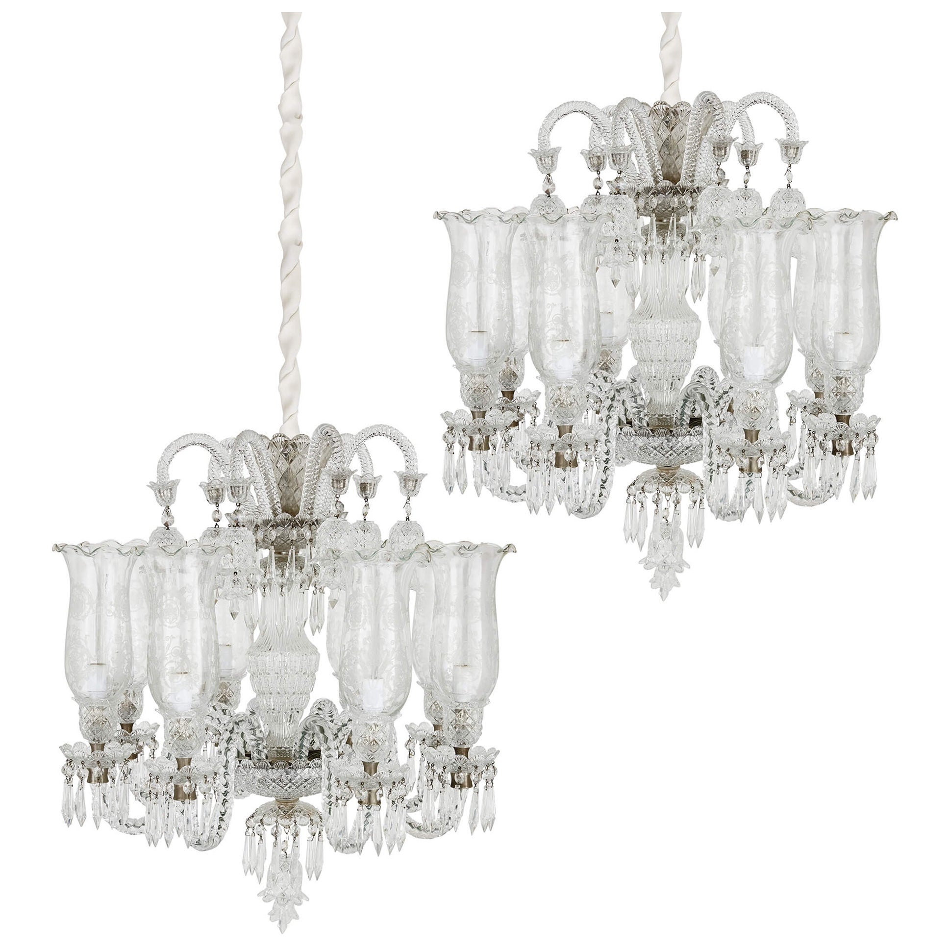 Pair of Belle Époque Clear Cut and Etched Glass 6-Light Chandeliers  For Sale