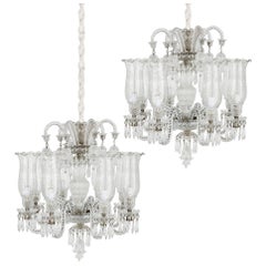 Pair of Belle Époque Clear Cut and Etched Glass 6-Light Chandeliers 