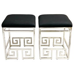 Greek Key Polished Nickel Pair of Stools Milo Baughman Style