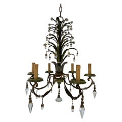 French Maison Bagues Green Gilt Polychrome Iron Beaded Crystal Chandelier