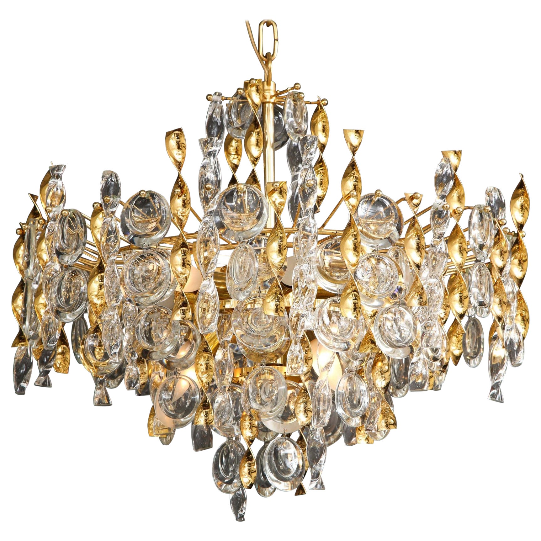 Sciolari Crystal Disc Pendant Chandelier with Glass and Brass Gold Twists