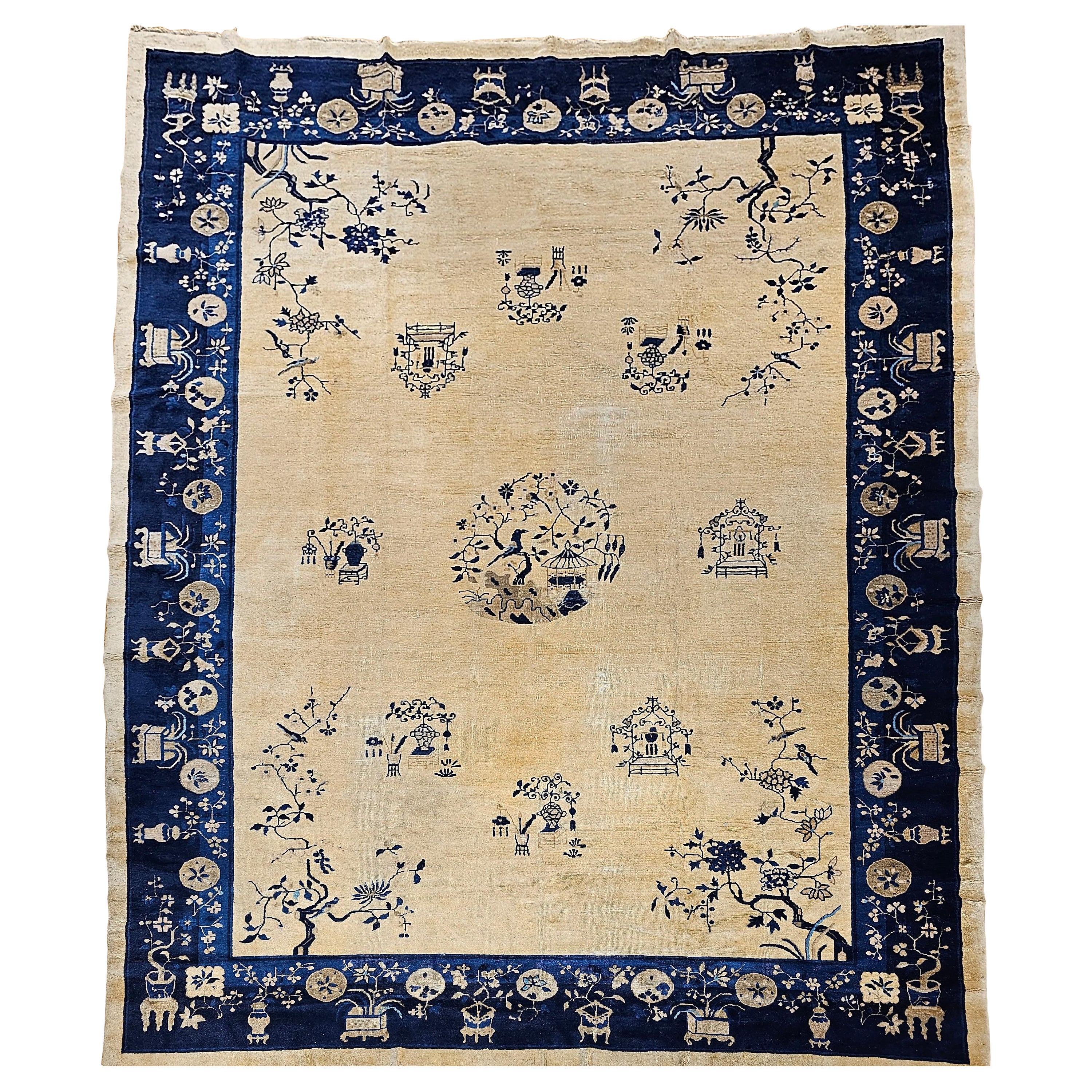Vintage Chinese Peking Room Size Rug in Pale Tan, Navy, French Blue For Sale