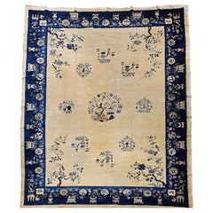 Vintage Chinese Peking Room Size Rug in Pale Tan, Navy, French Blue