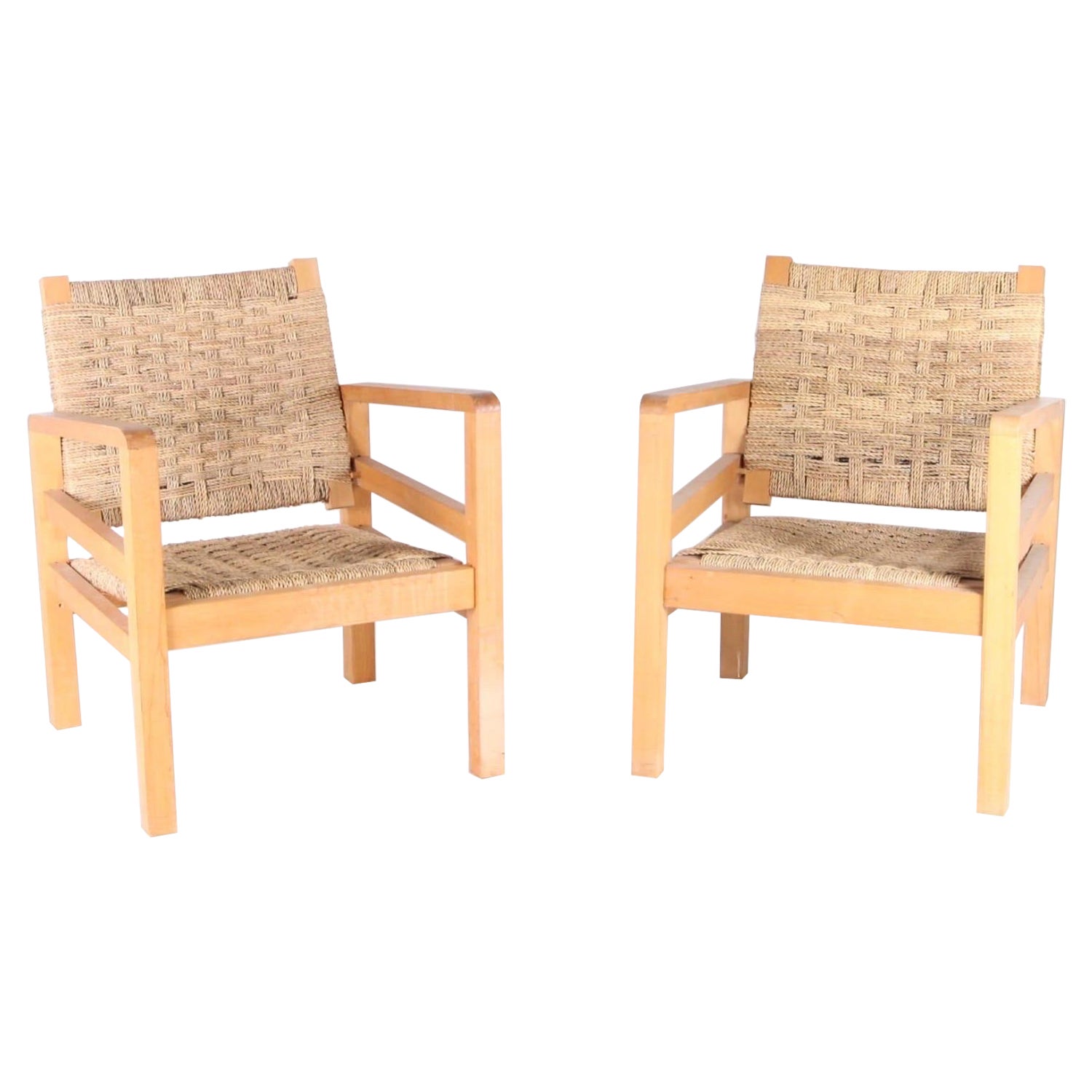 Pair of rope and wood vintage armchairs For Sale