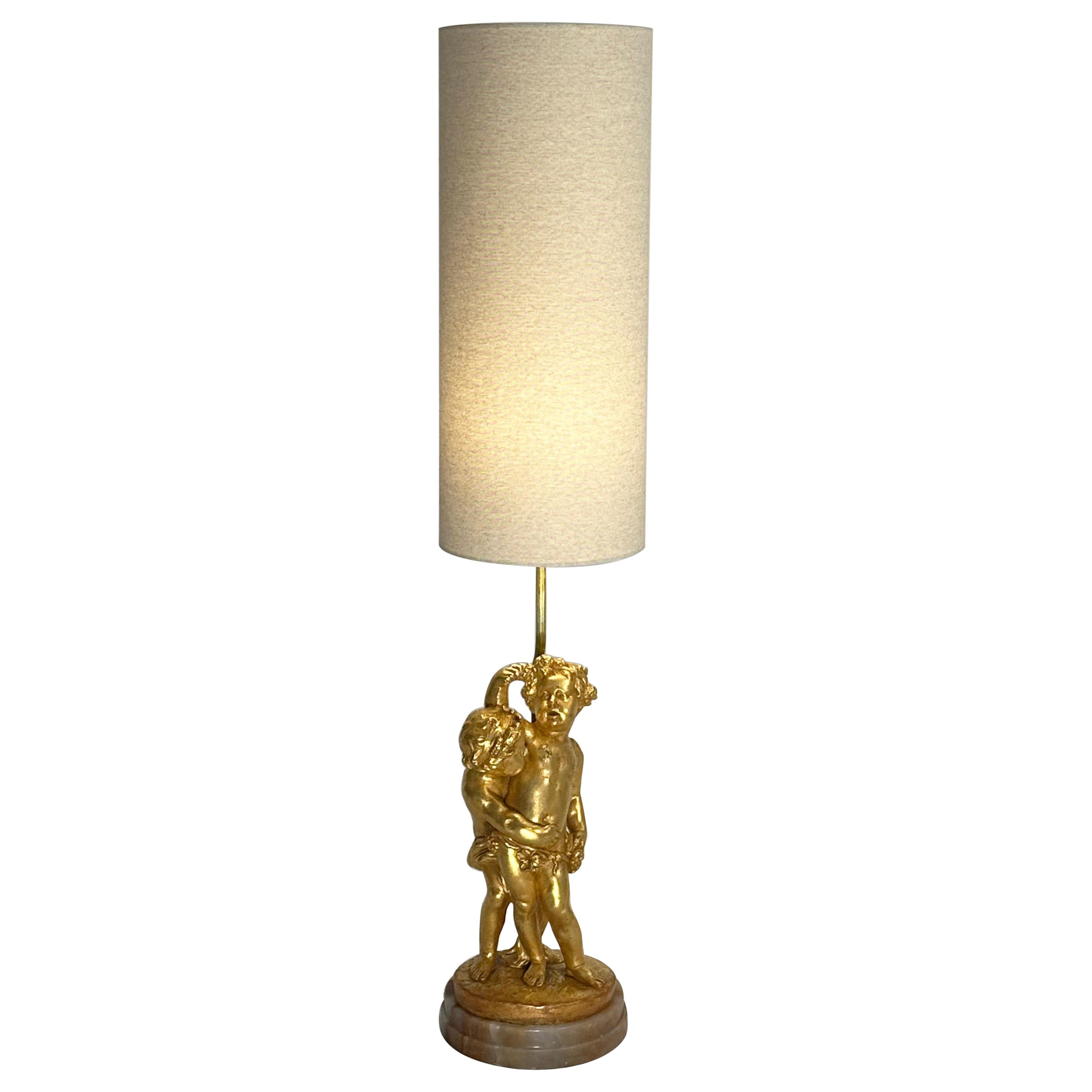 Goldfarbene Puttenlampe im Rokoko-Stil auf Onyxsockel, Vintage