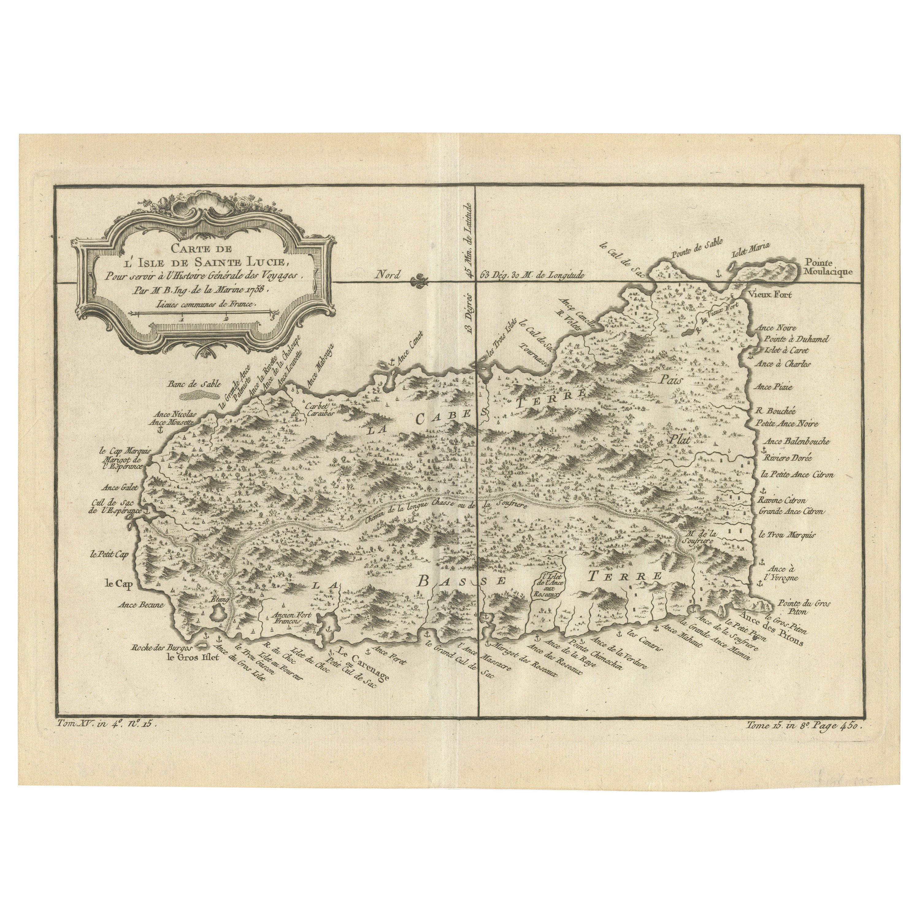 Carte originale gravée de Saint Lucia dans les Antilles par Bellin, 1758