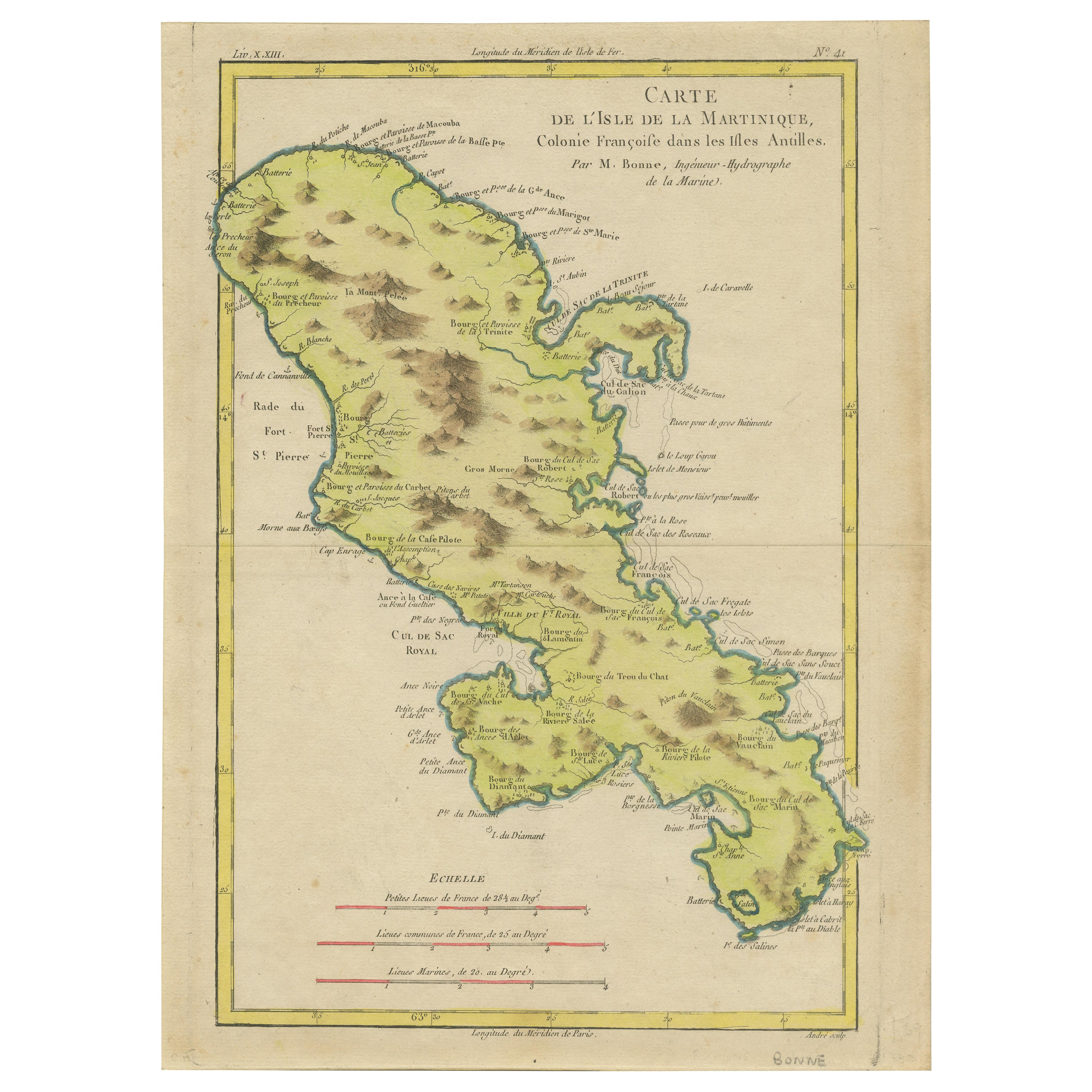 Mappa antica originale dell'isola di Martinica nelle Indie Occidentali di Bonne, 1780 ca. in vendita