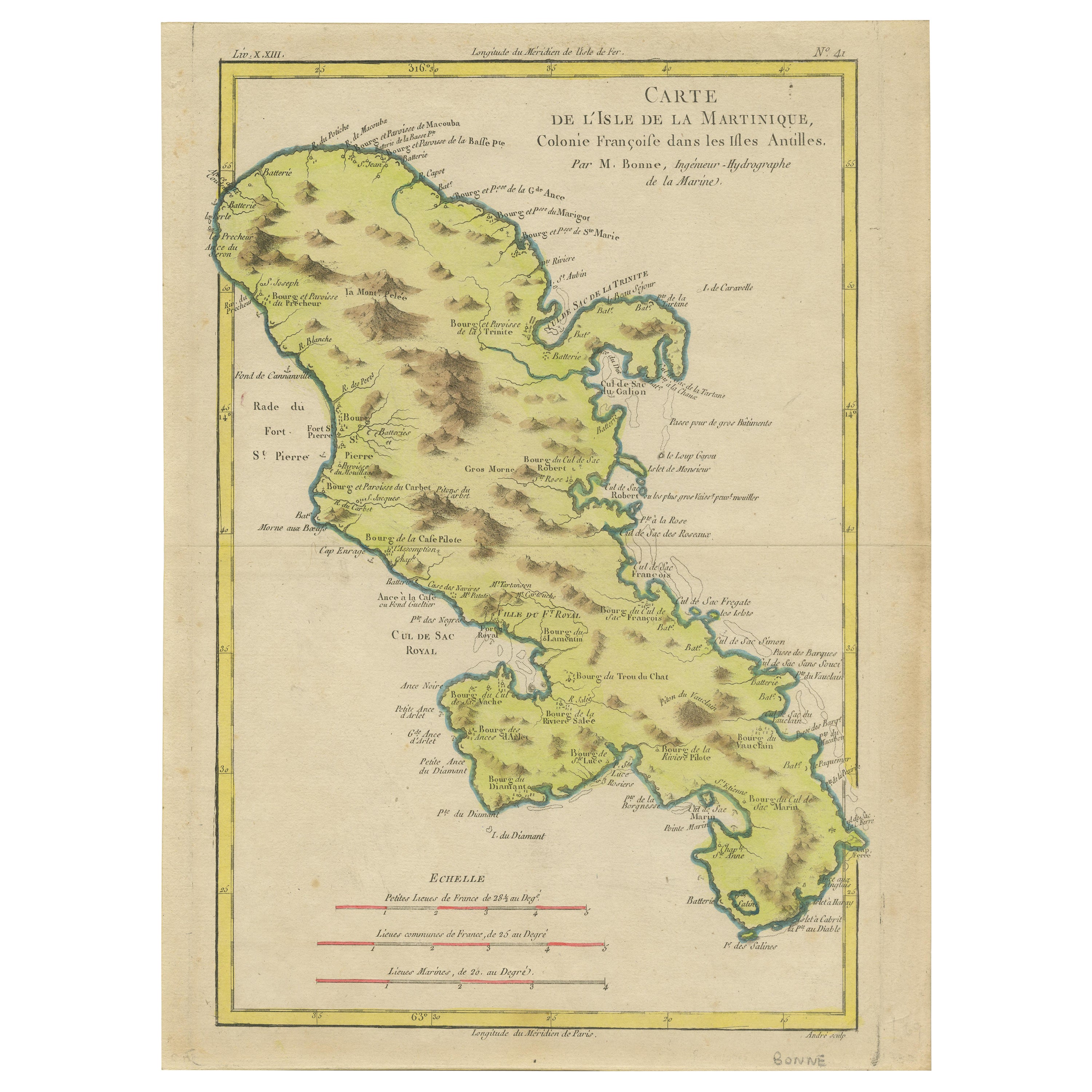 Original Antique Map of Martinique Island In The West Indies by Bonne, circa1780