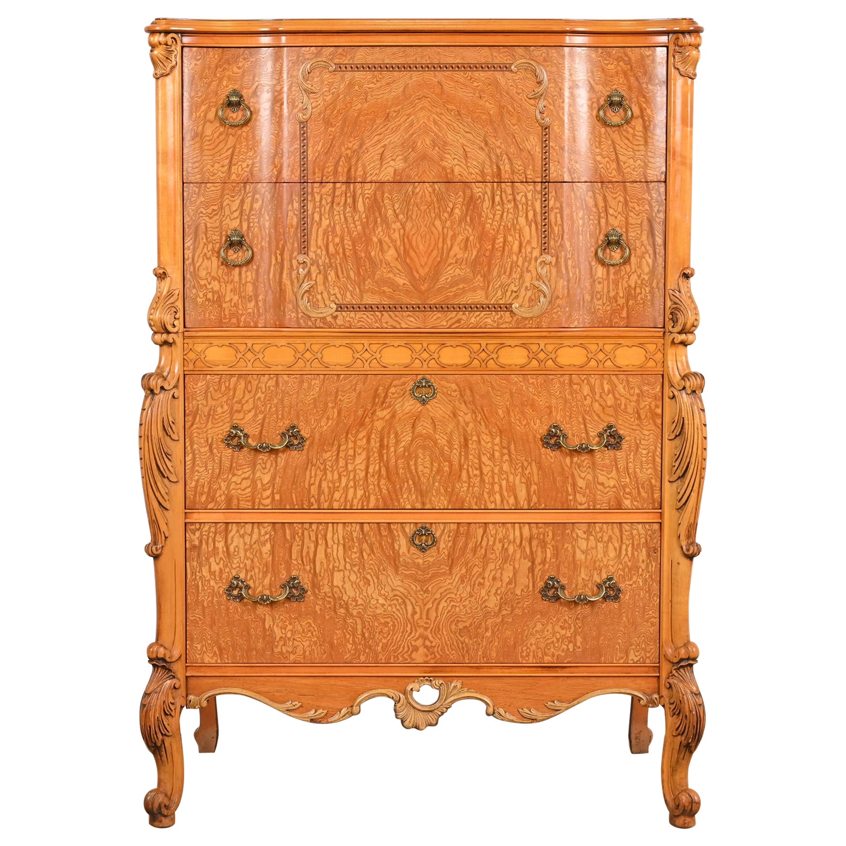 Romweber French Provincial Louis XV Burl Wood Highboy Dresser, Circa 1920s For Sale