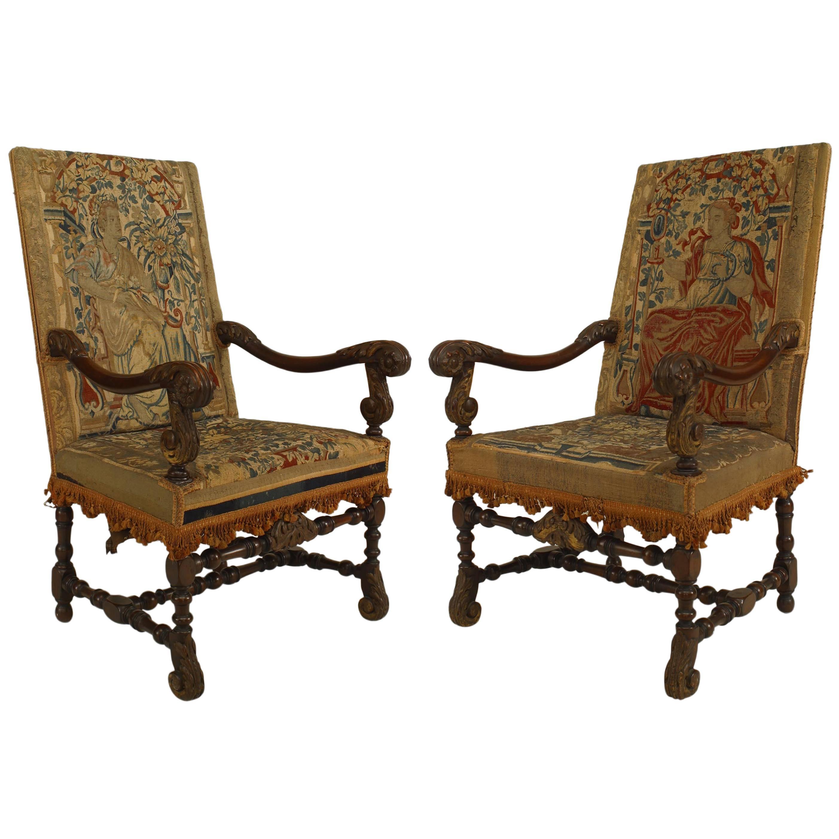 Pair of English Renaissance Walnut Tapestry Chairs For Sale