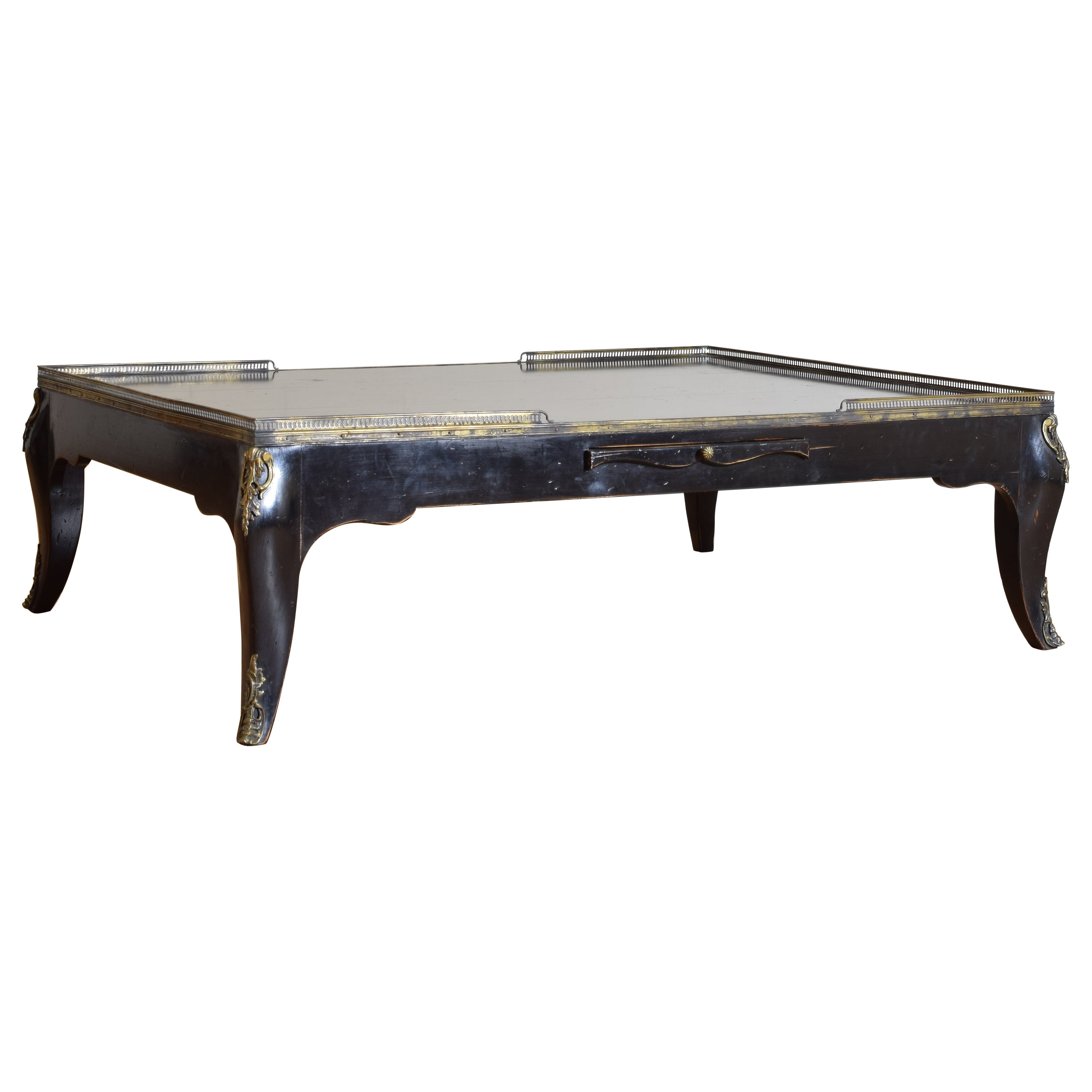 French Louis XV Style Ebonized & Brass Mounted Large Coffee Table, mid 20th cen.