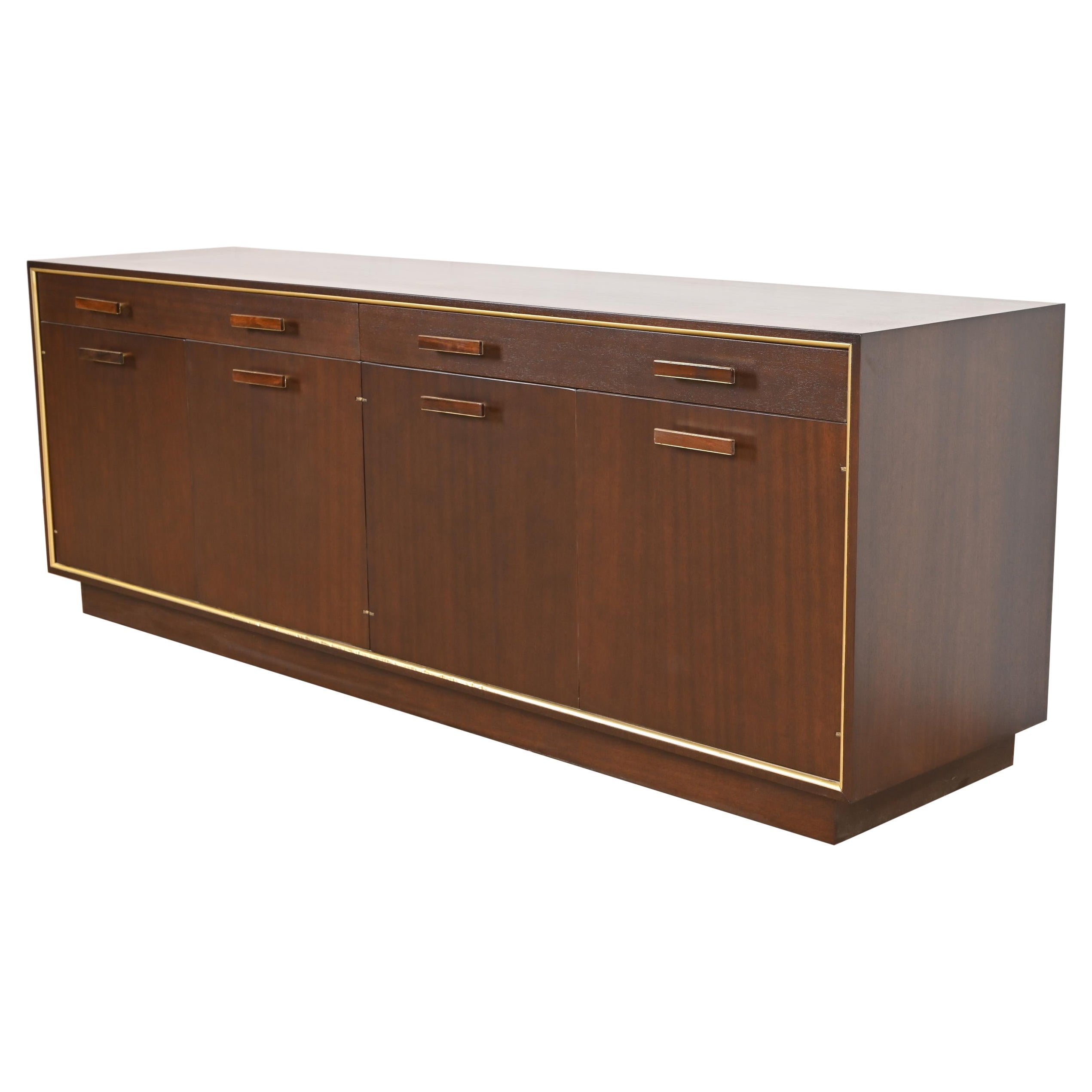 Harvey Probber Mid-Century Modern Mahogany and Brass Credenza, Newly Refinished For Sale