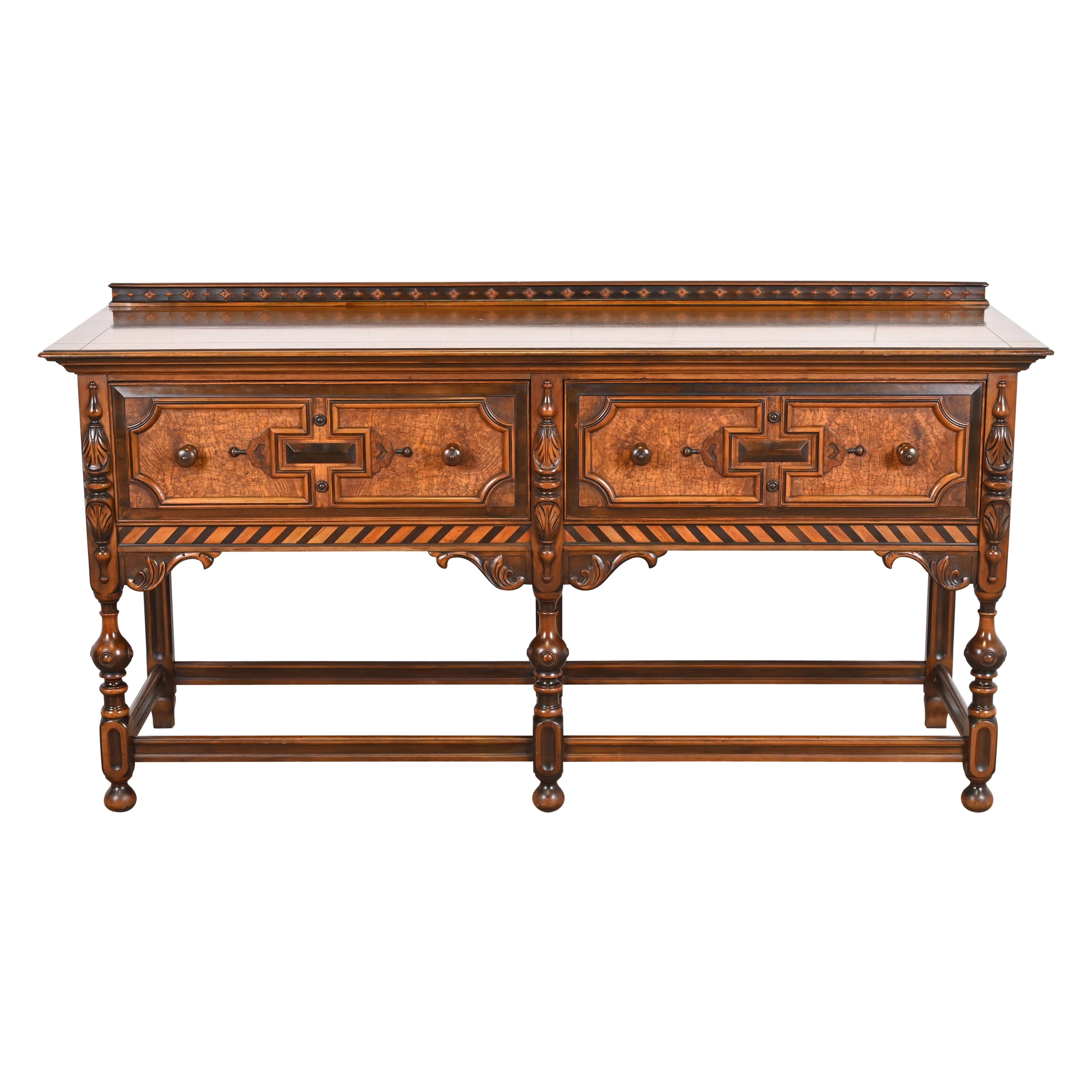 Antique Berkey & Gay English Jacobean Carved Walnut and Burl Wood Sideboard For Sale