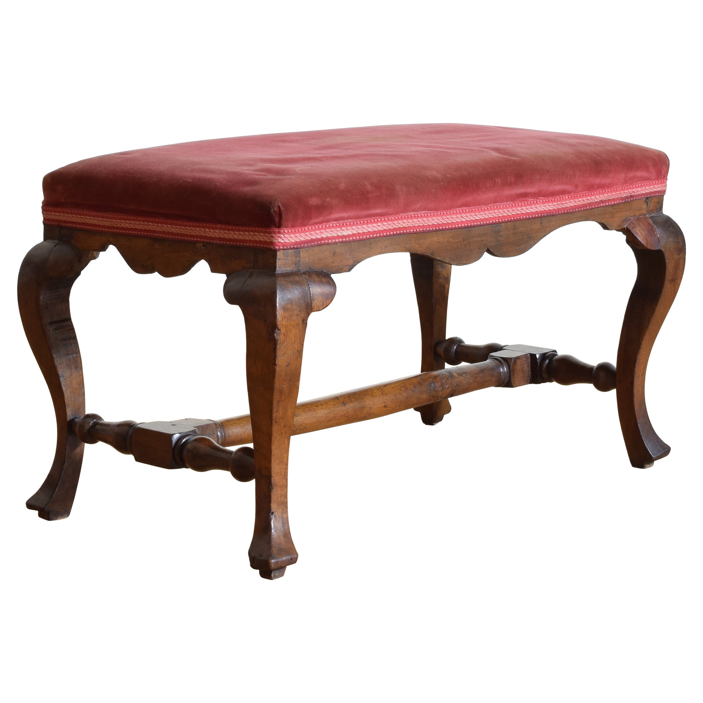 Italian, Tuscany, Rococo Period Carved Walnut & Upholstered Bench, mid 18th cen.