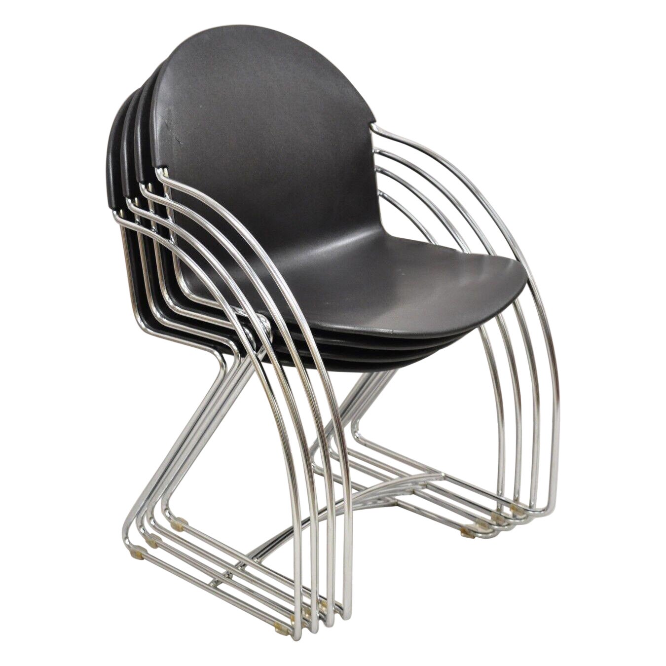 Steelcase Tom Grasman Chrome Frame Black Molded Plastic Stackable Chair Set of 4 For Sale