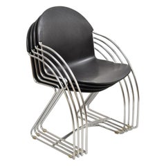 Steelcase Tom Grasman Chrome Frame Black Molded Plastic Stackable Chair Set of 4