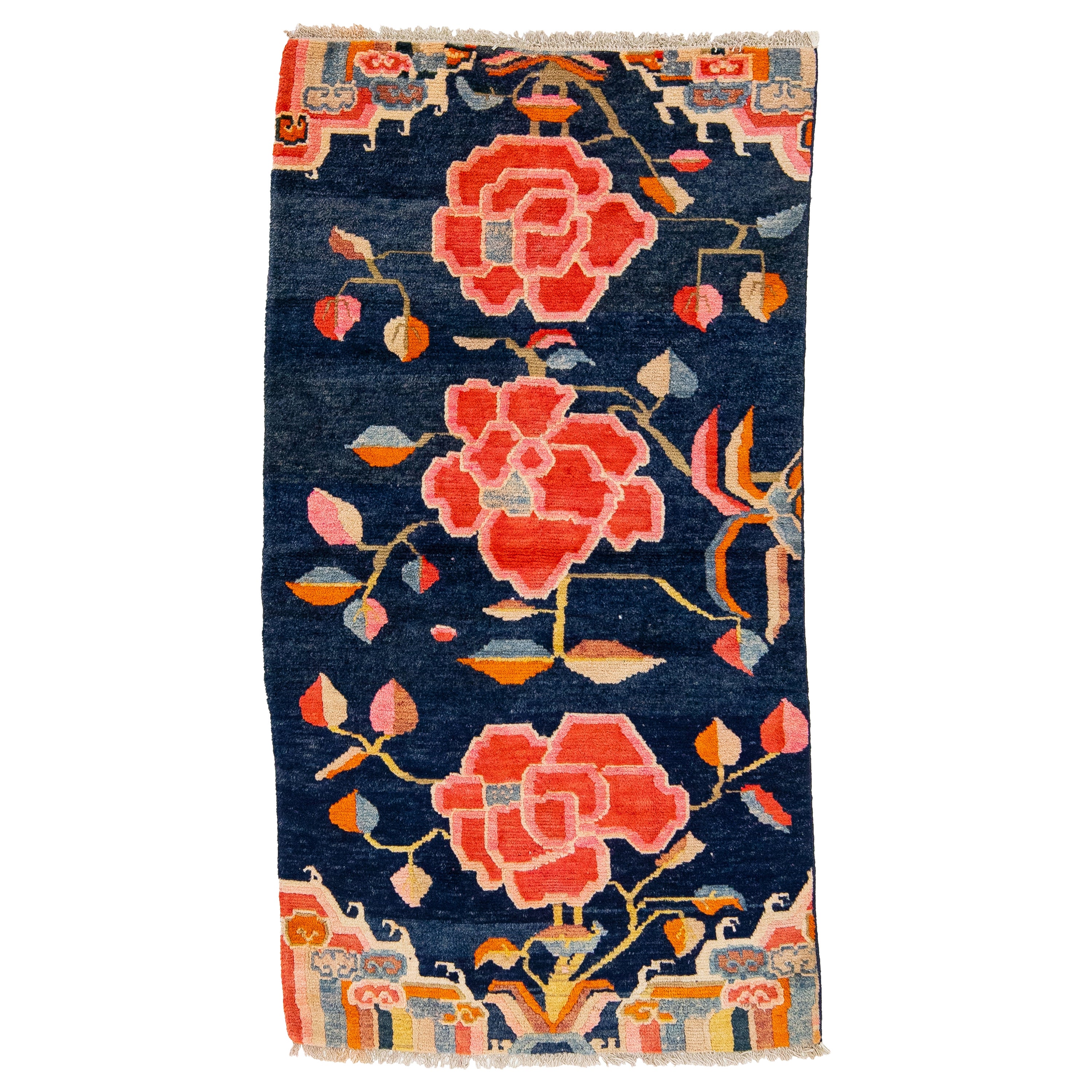 Tapis chinois ancien Art Déco en laine bleu marine avec motif floral