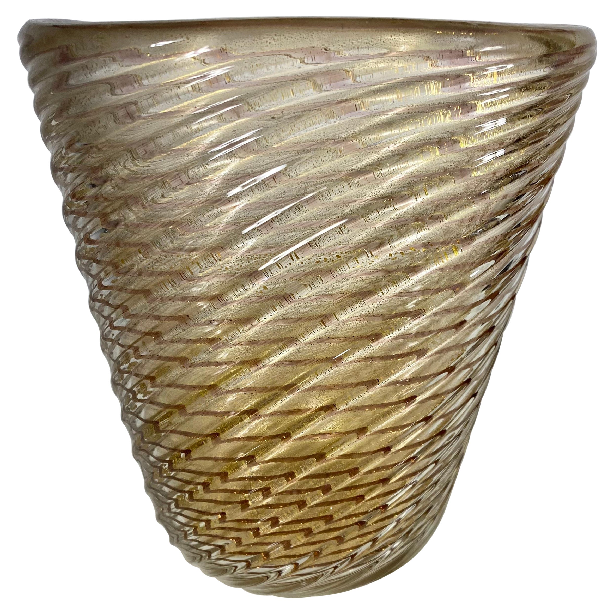 Barovier Toso Murano Gold Flecks Italian Art Glass Ribbed Vase/ Vessel For Sale