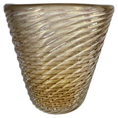 Barovier&Toso Murano Gold Flecks Italian Art Glass Ribbed Vase/ Vessel