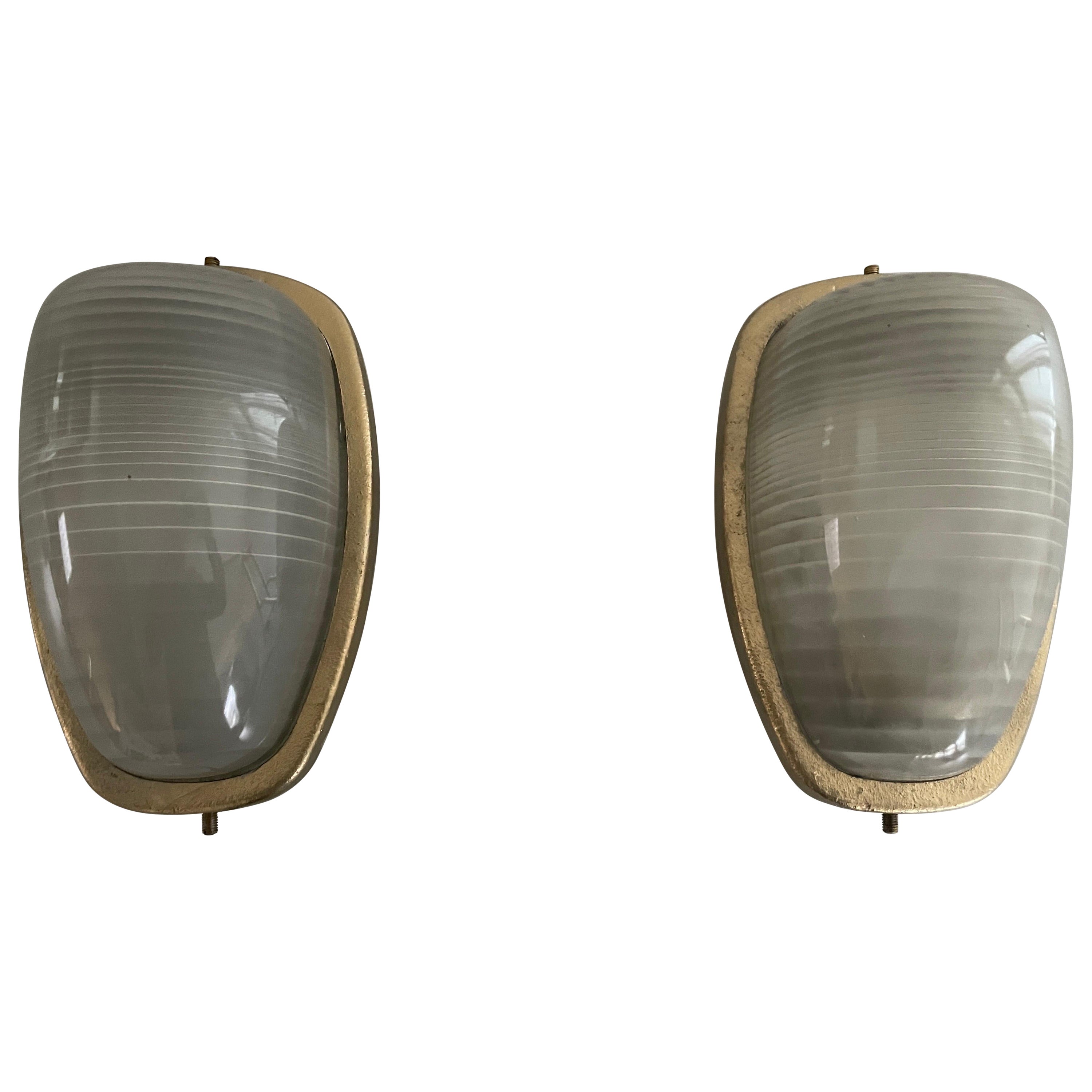 Glass and Gold Coated Brass Pair of Industrial Sconces by Lambda, 1960s, Italy For Sale