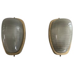 Retro Glass and Gold Coated Brass Pair of Industrial Sconces by Lambda, 1960s, Italy