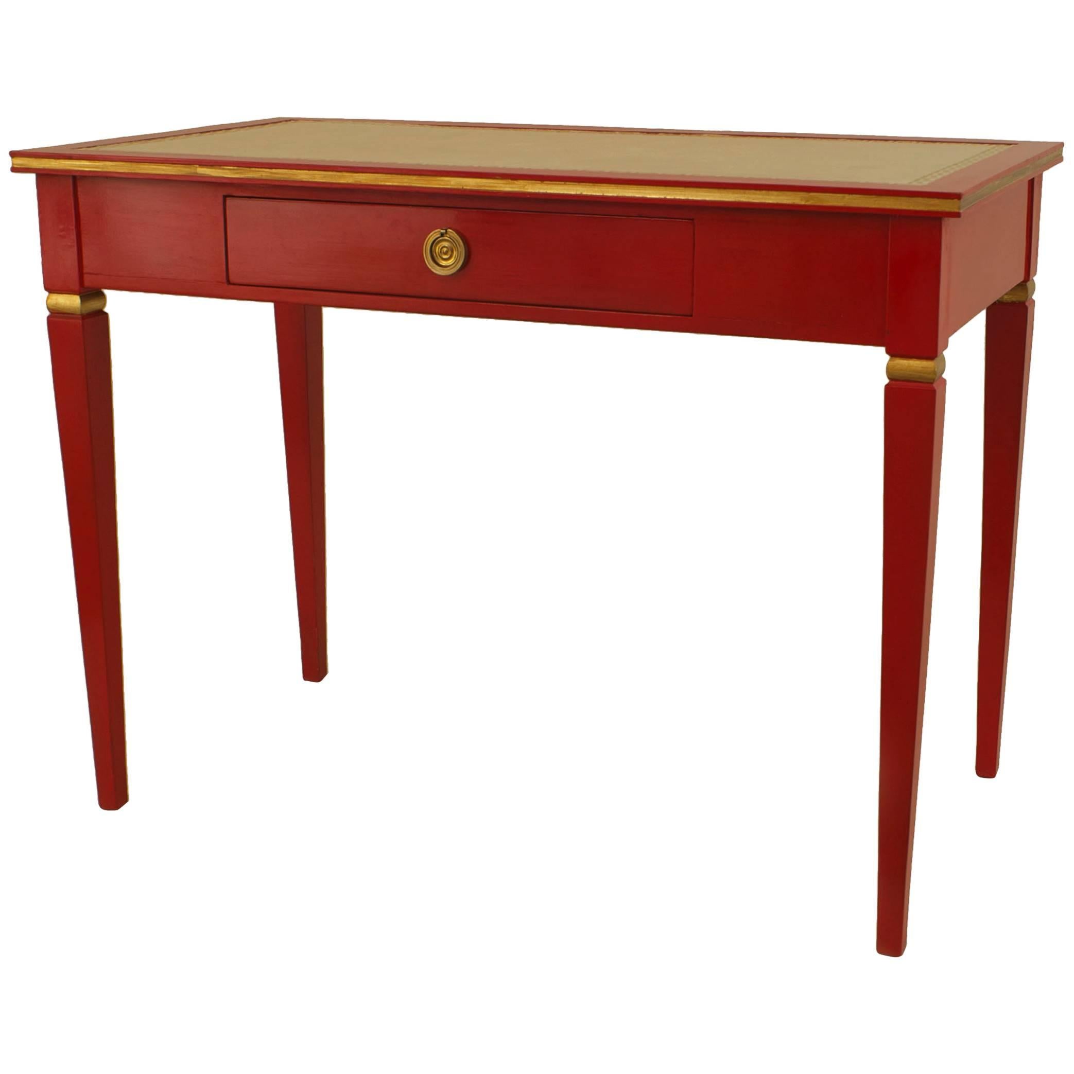 Jansen Red Lacquered Writing Table Desk with White Leather Top