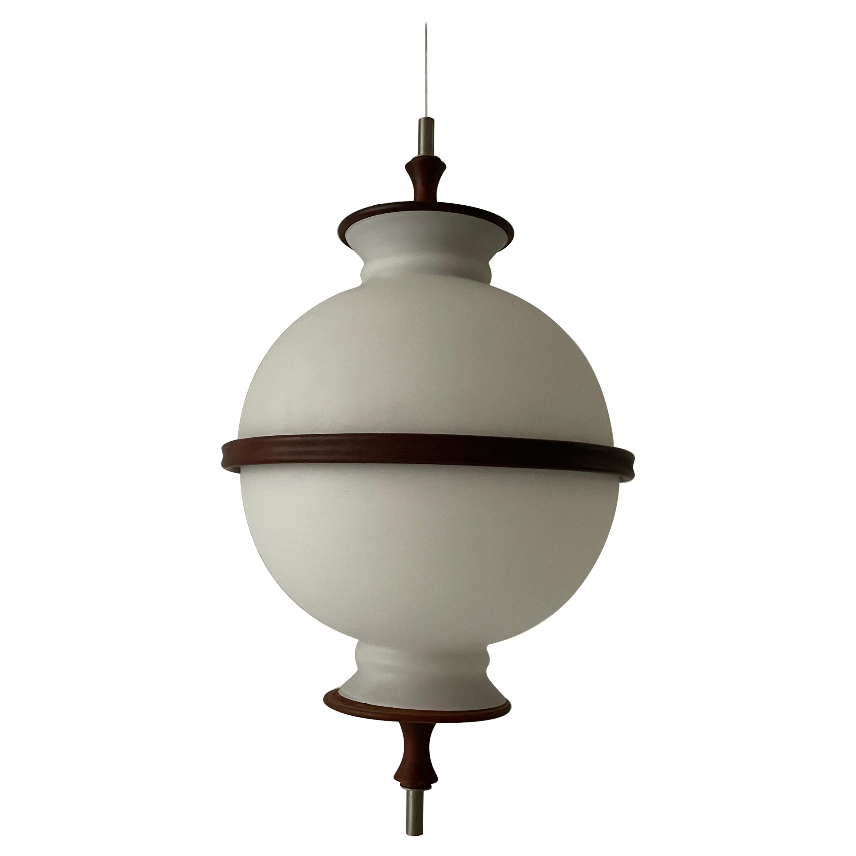 Opal Glass and Teak Ceiling Lamp by Reggiani Illuminazione, 1960s, Ital For Sale