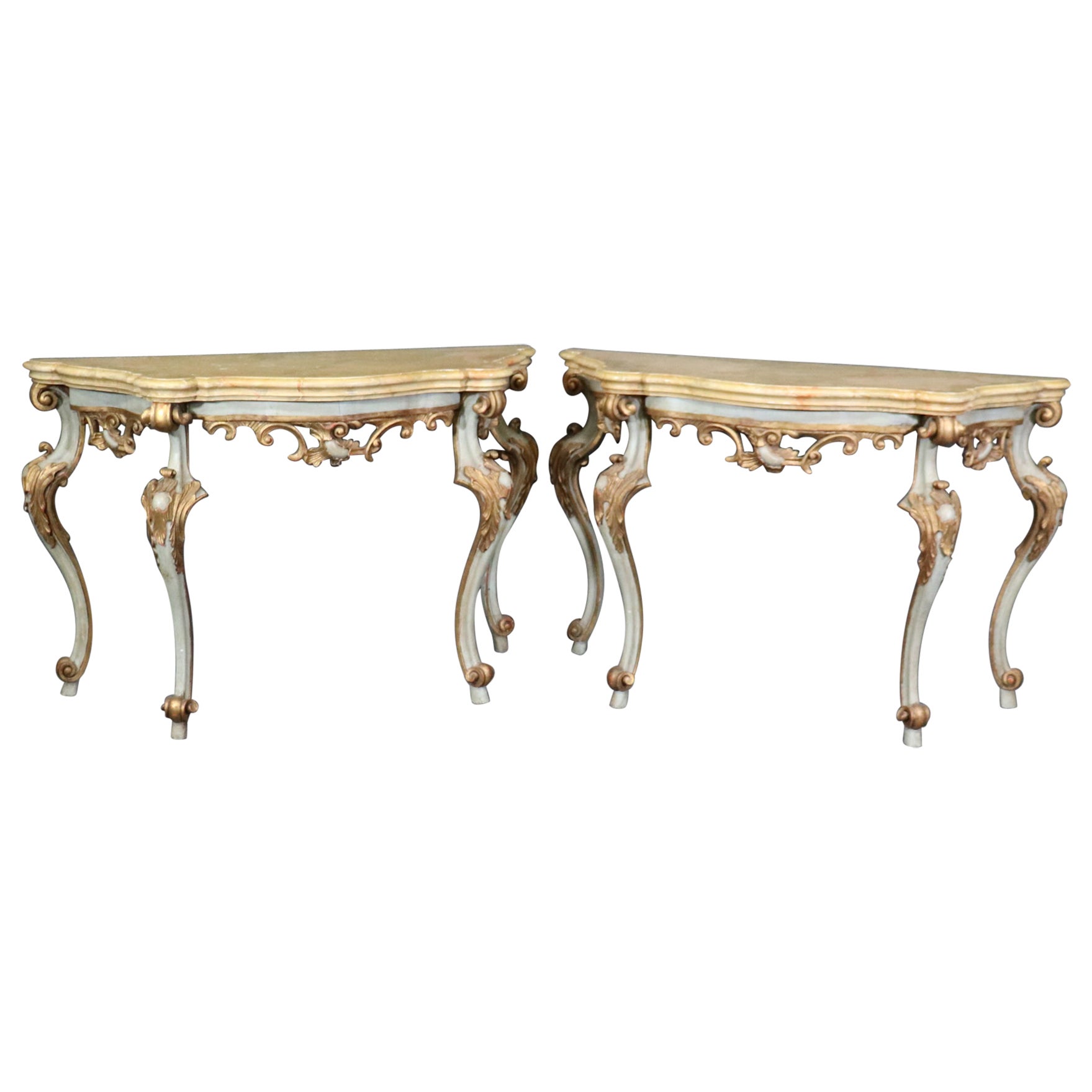 Pair Carved Paint Decorated Italian Rococo Faux Marble Top Console Tables 