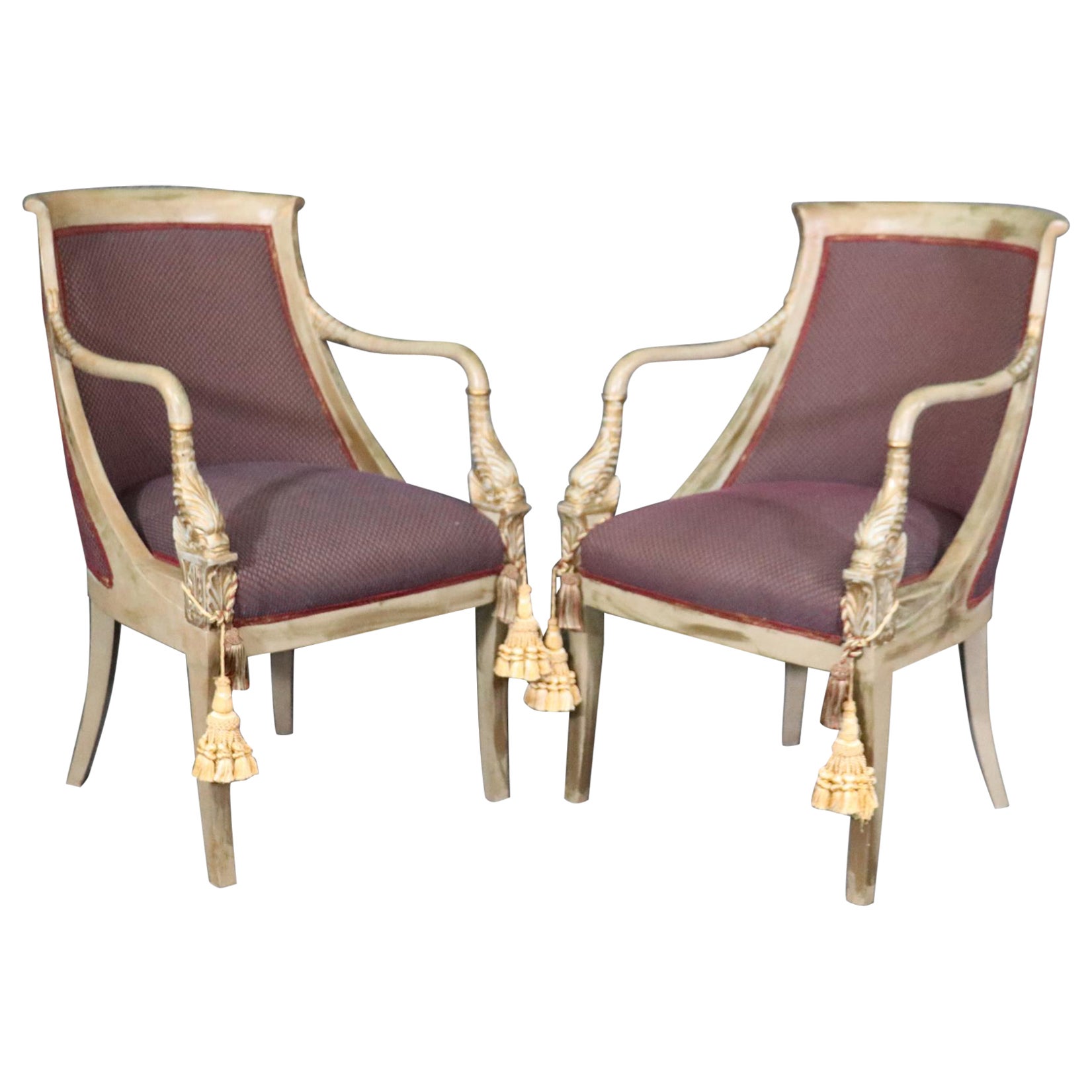 Pair of Paint Decorated and Gilded Dolphin Head Neoclassical Bergere Chairs For Sale
