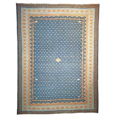Retro Dhurrie Rug in Blue, with Geometric Patterns