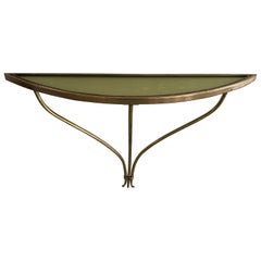 Brass Frame and Green Glass Top Floating Wall Console Table,  1960s, Italy