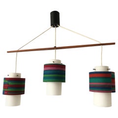 Lampe suspendue triple rétro à abat-jour en tissu et verre, années 1960, Allemagne