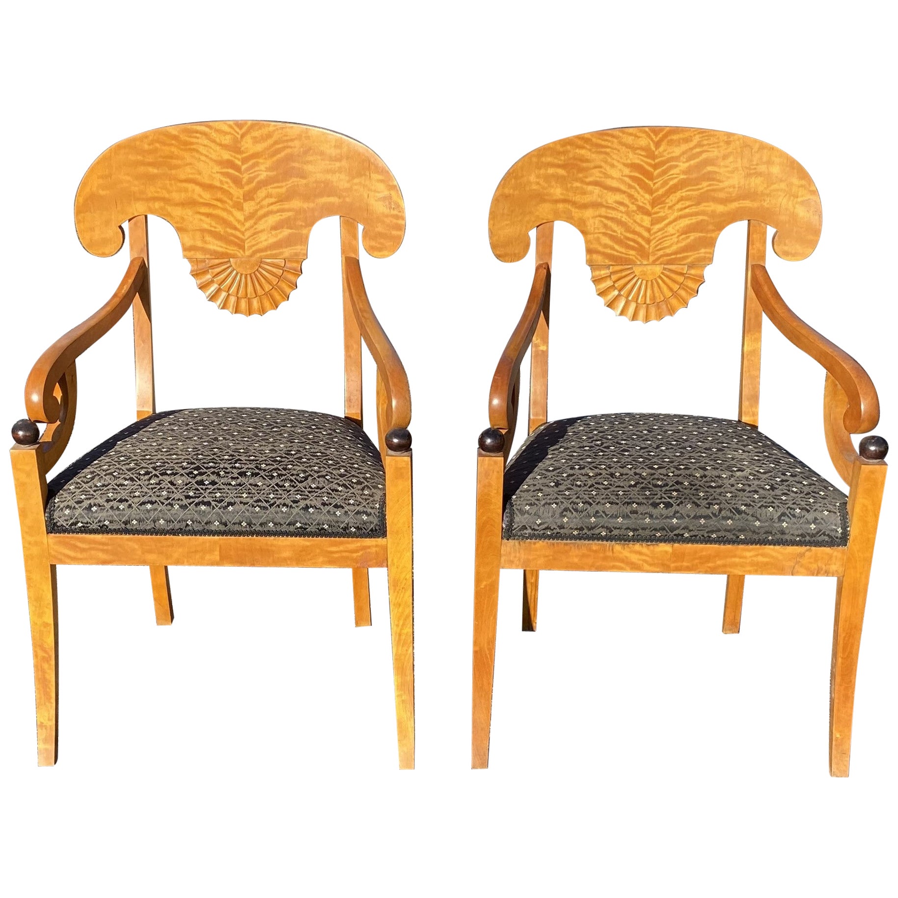 Pair of Satin Birch Biedermeier Style Armchairs with Radial Fan Carvings