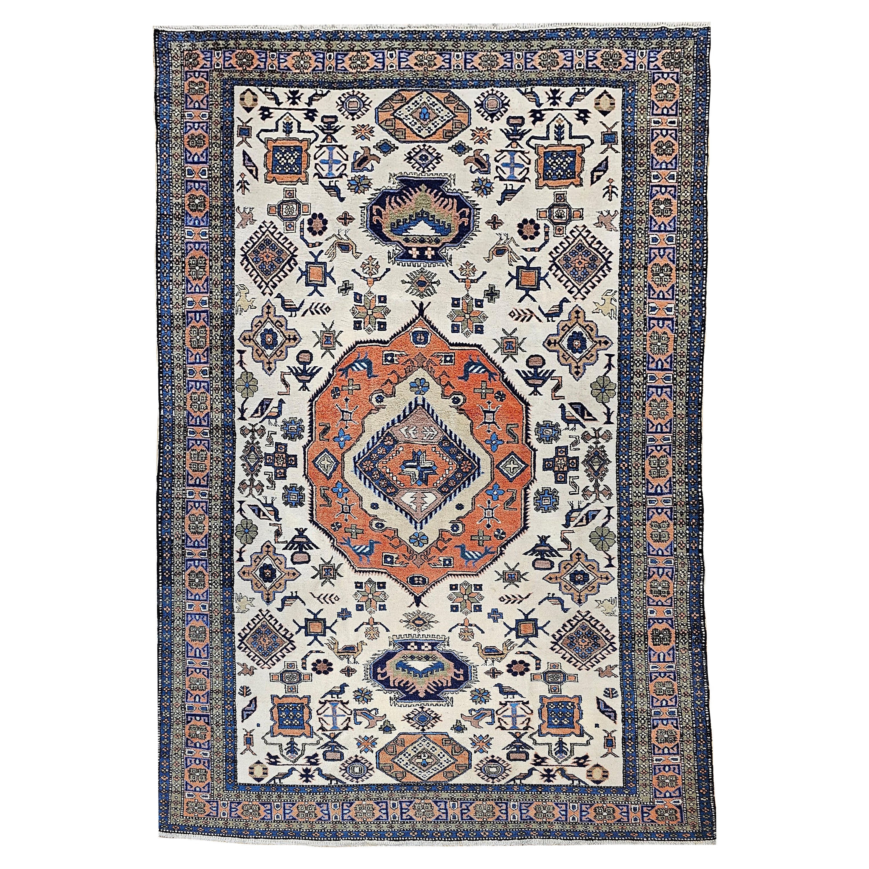 Vintage Persian Ardebil in Geometric Pattern in Ivory, Brick, Pale Blue, Olive