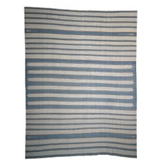 Retro Dhurrie Striped Square Rug in Blue, from Rug & Kilim
