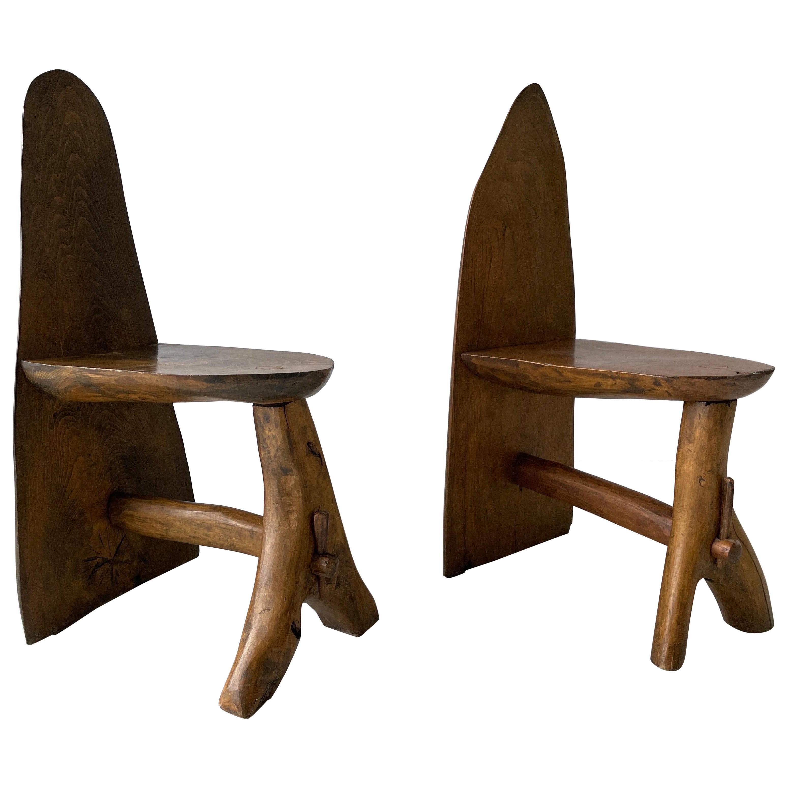 Hand-crafted Primitive Design Solid Wood Pair of Chairs, 1950s, Italy For Sale