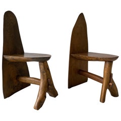 Retro Hand-crafted Primitive Design Solid Wood Pair of Chairs, 1950s, Italy