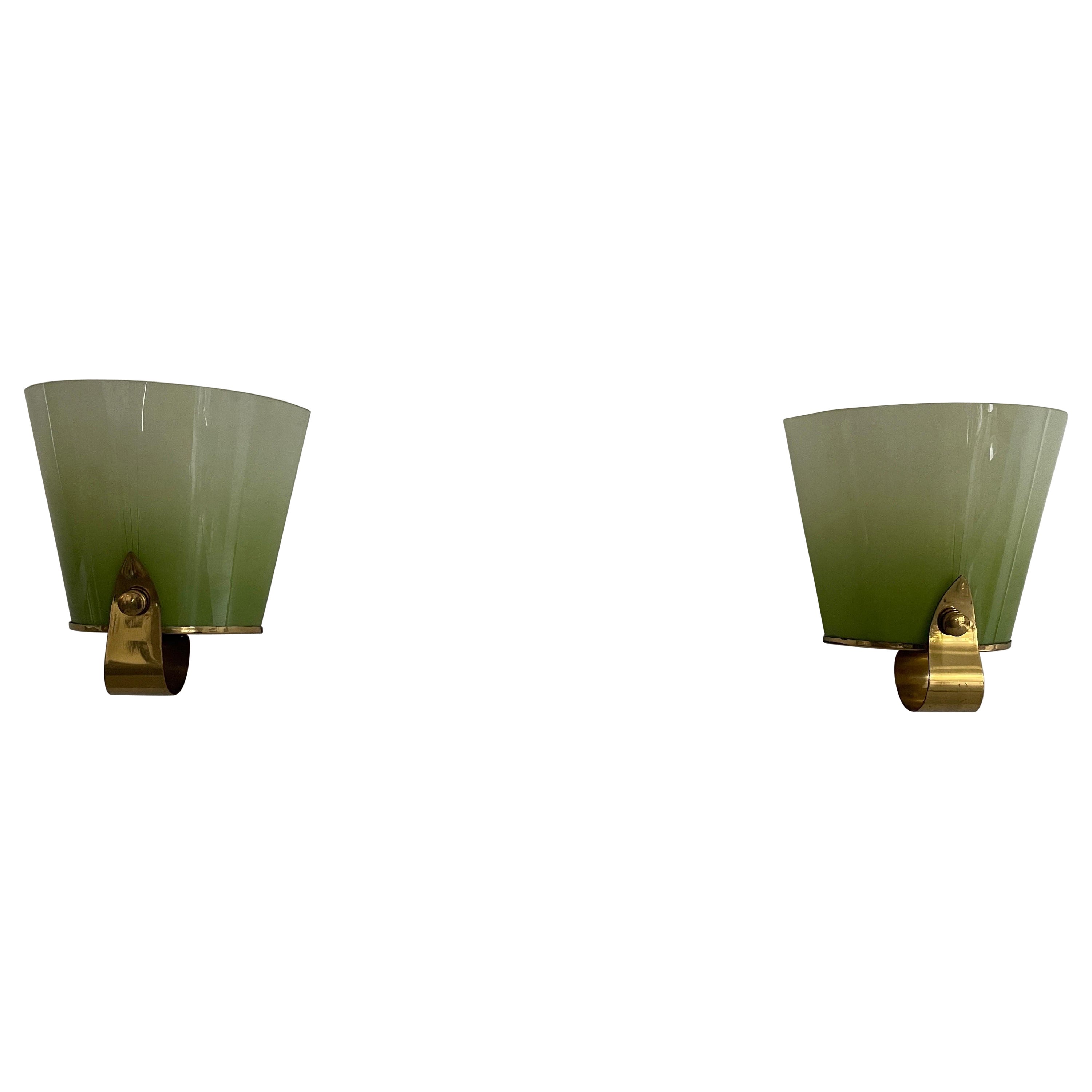 Beautiful Green Glass & Brass Pair of Sconces, 1960s, Germany For Sale