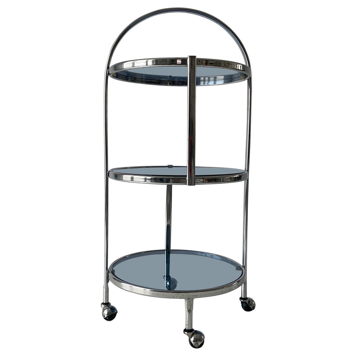 Italian Design 3-layer Chrome and Blue Glass Trolley, 1960s, Italy For Sale