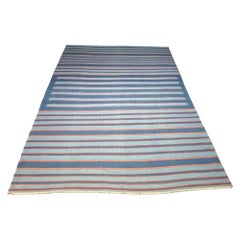 Retro Dhurrie Rug in Bluewith Stripes, from Rug & Kilim