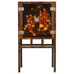 Hollywood Regency Chinoiserie Hand Painted Black Lacquered Bar Cabinet