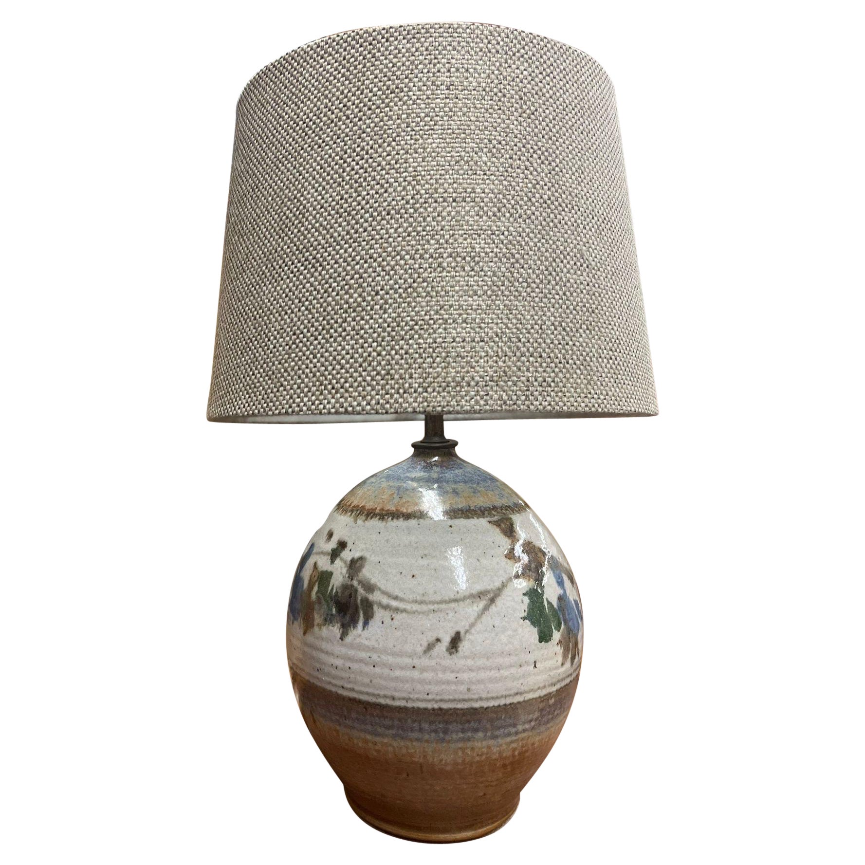 Vintage Studio Pottery Lamp With Fabric Shade. Circa 1970s. For Sale