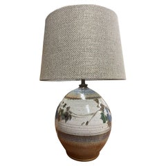 Used Studio Pottery Lamp With Fabric Shade. Circa 1970s.