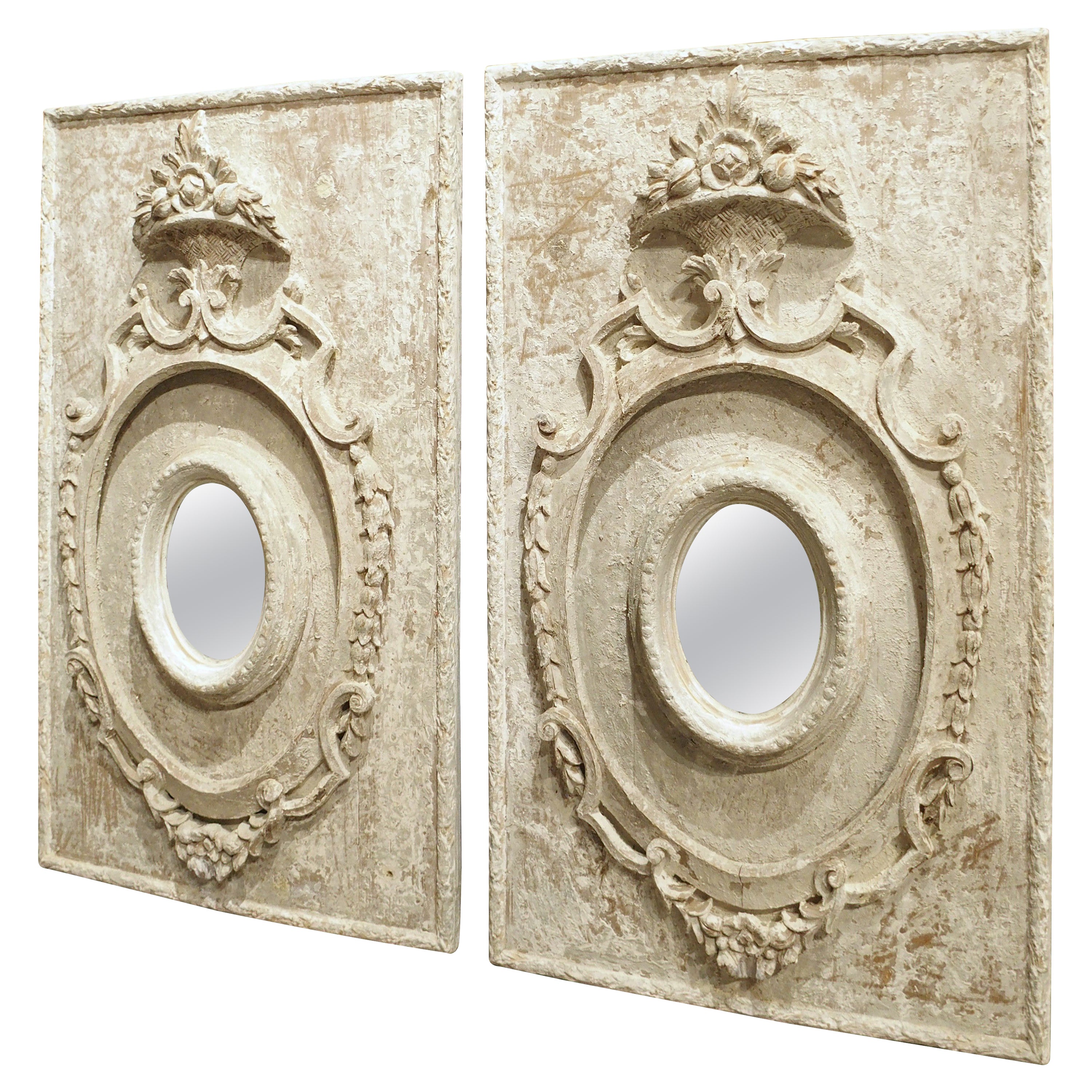 Pair of Vintage Painted Cartouche Panels with Oval Mirrors from Florence, Italy