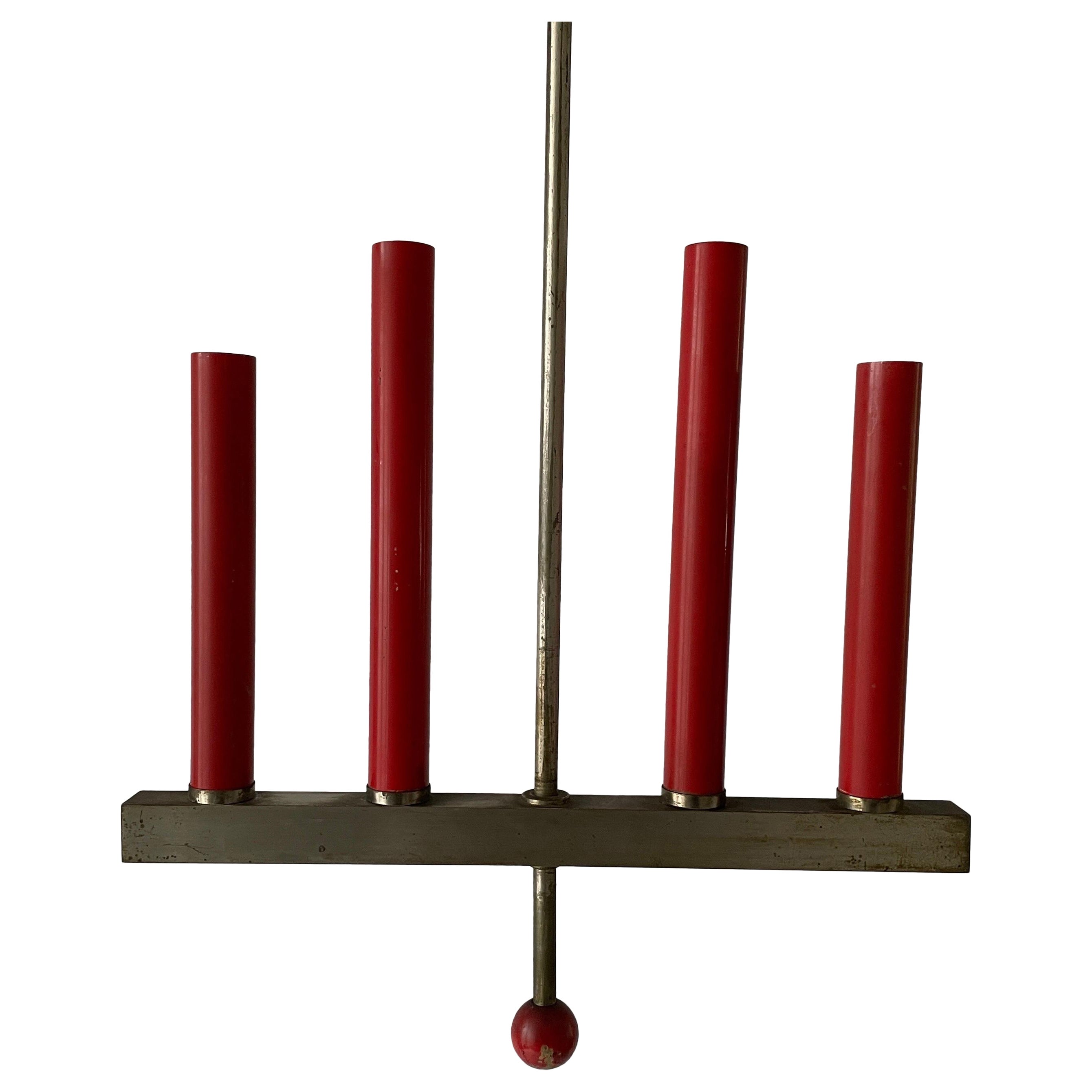 Red Metal 4 Tubes Ceiling Lamp, 1960s, Italy For Sale